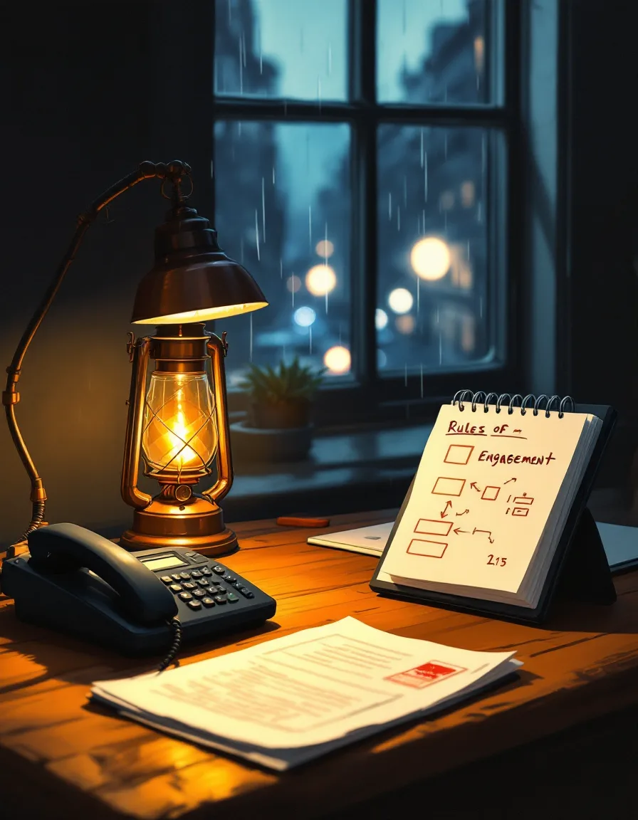 Painted illustration of a copper lantern lighting a desk telephone and a hand-drawn network diagram in a Brooklyn office at night